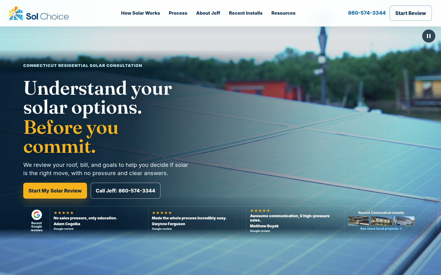 After desktop: Connecticut solar consultation promise over solar panels, with Start My Solar Review and Call Jeff buttons