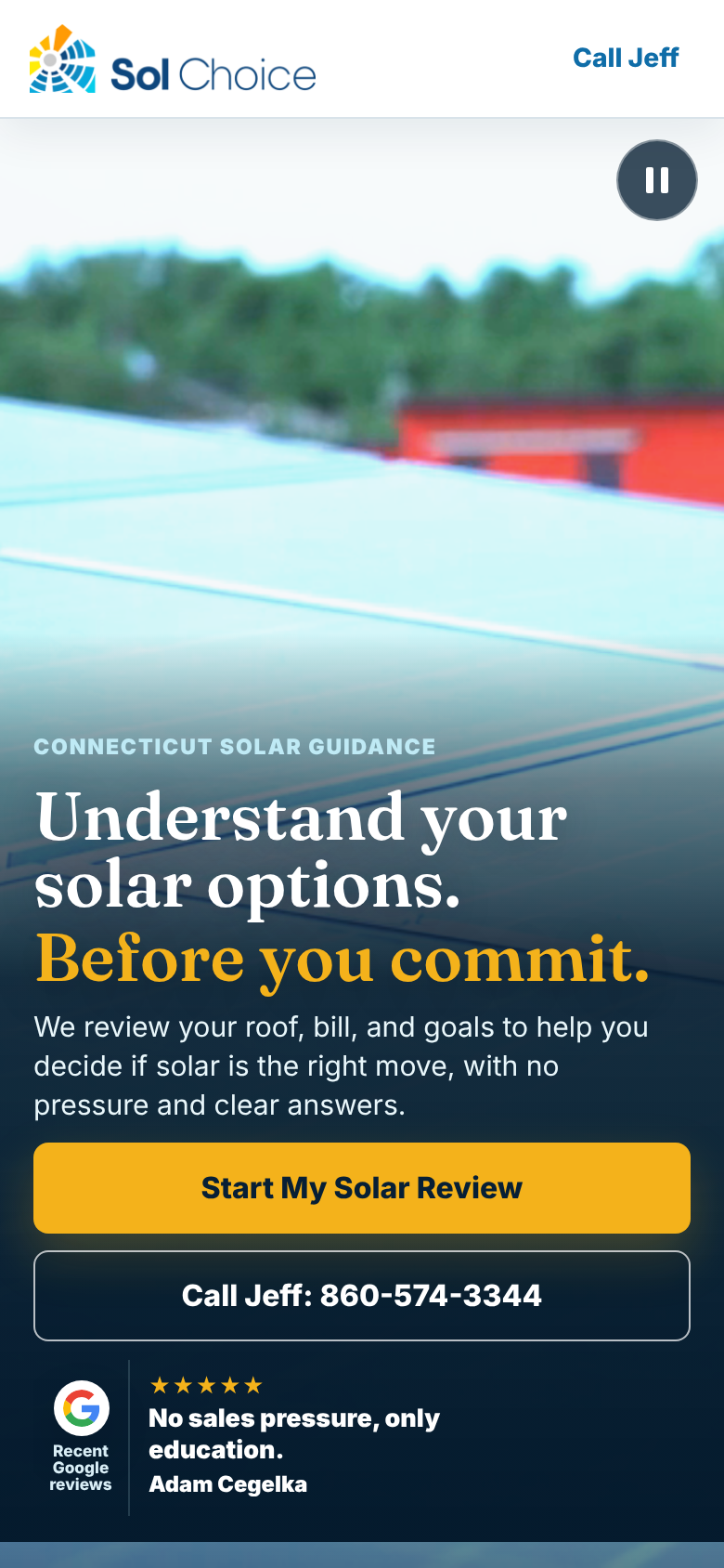 After mobile: Connecticut solar guidance, Understand your solar options headline, Start My Solar Review and Call Jeff buttons