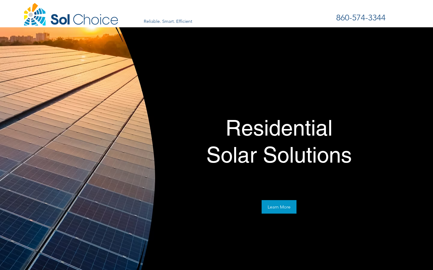 Before desktop: Sol Choice logo and phone above solar panels, a Residential Solar Solutions heading, and one Learn More button