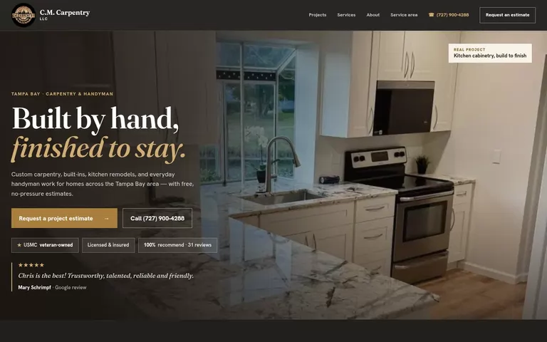 C.M. Carpentry LLC homepage with a finished kitchen photograph and the headline Built by hand, finished to stay.
