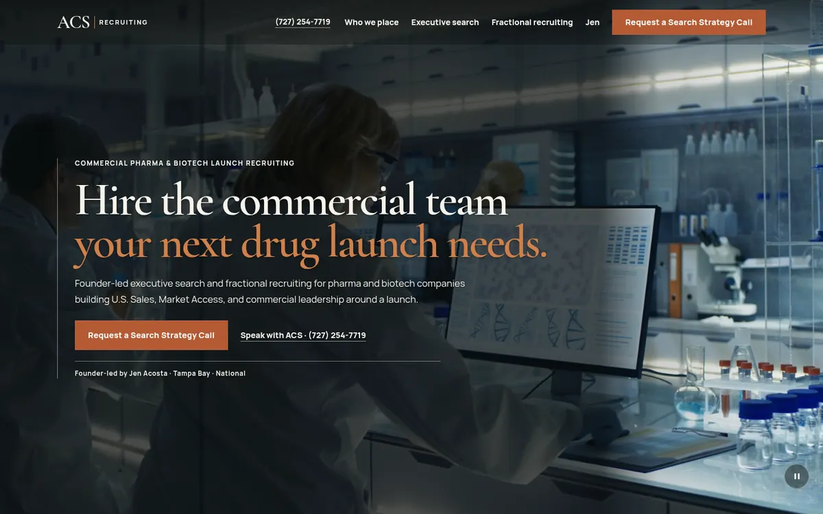 Current ACS Recruiting homepage: “Hire the commercial team your next drug launch needs.” hero