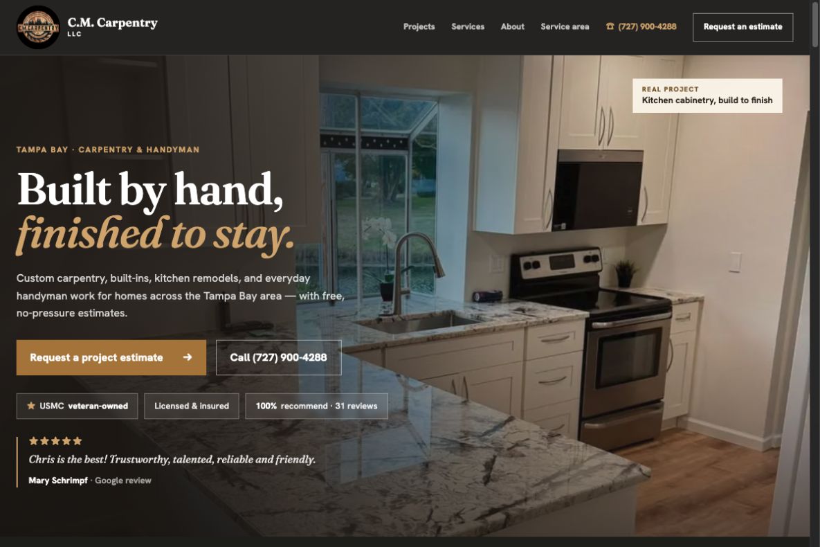 Current C.M. Carpentry LLC homepage showing custom carpentry and handyman services