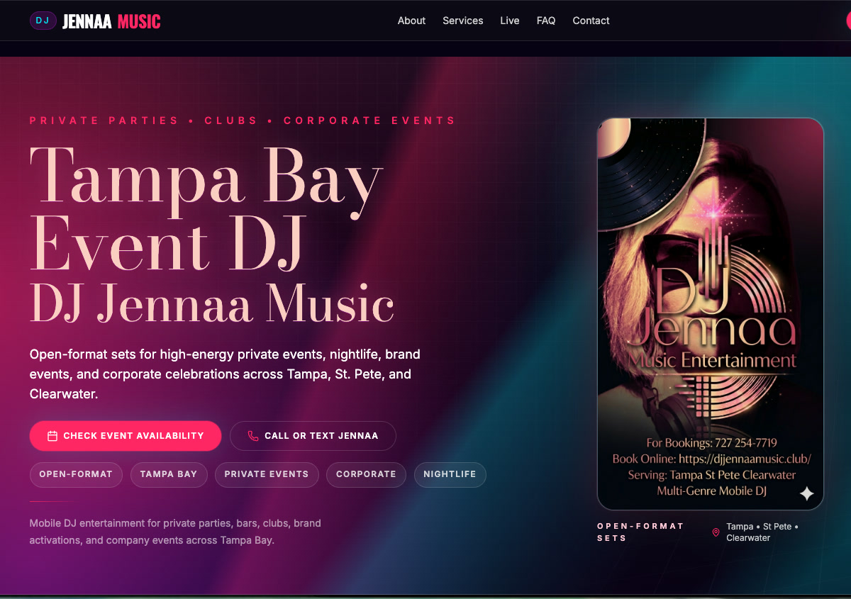 Screenshot of the DJ Jennaa Music website homepage