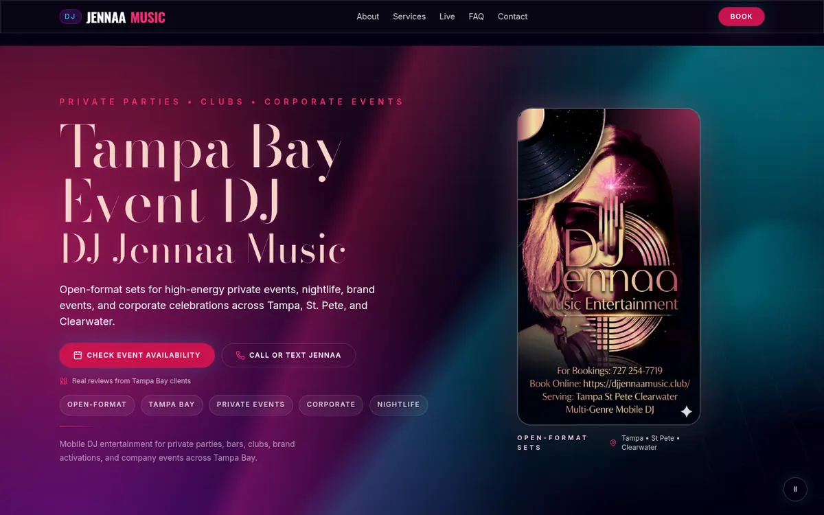 Current DJ Jennaa Music homepage: “Tampa Bay Event DJ” hero with booking buttons and event flyer
