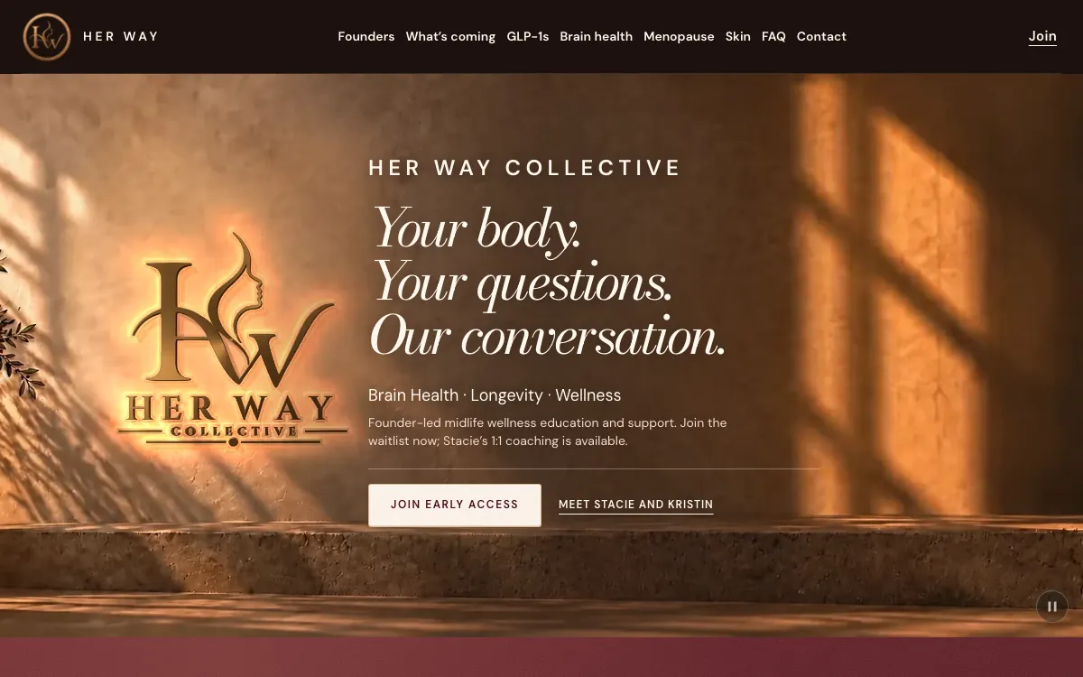 Her Way Collective website preview: a bronze HW wall sign beside “Your body. Your questions. Our conversation.”