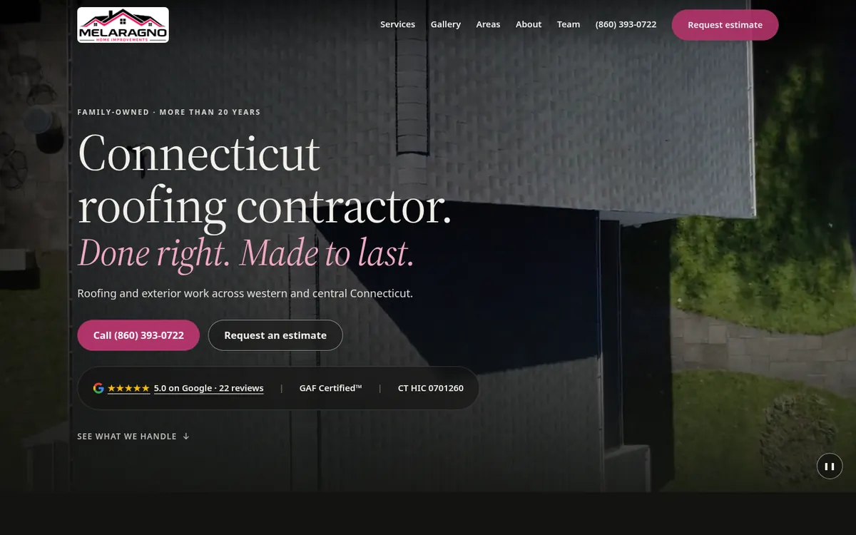 Current Melaragno Services homepage: “Connecticut roofing contractor” hero with call and estimate buttons