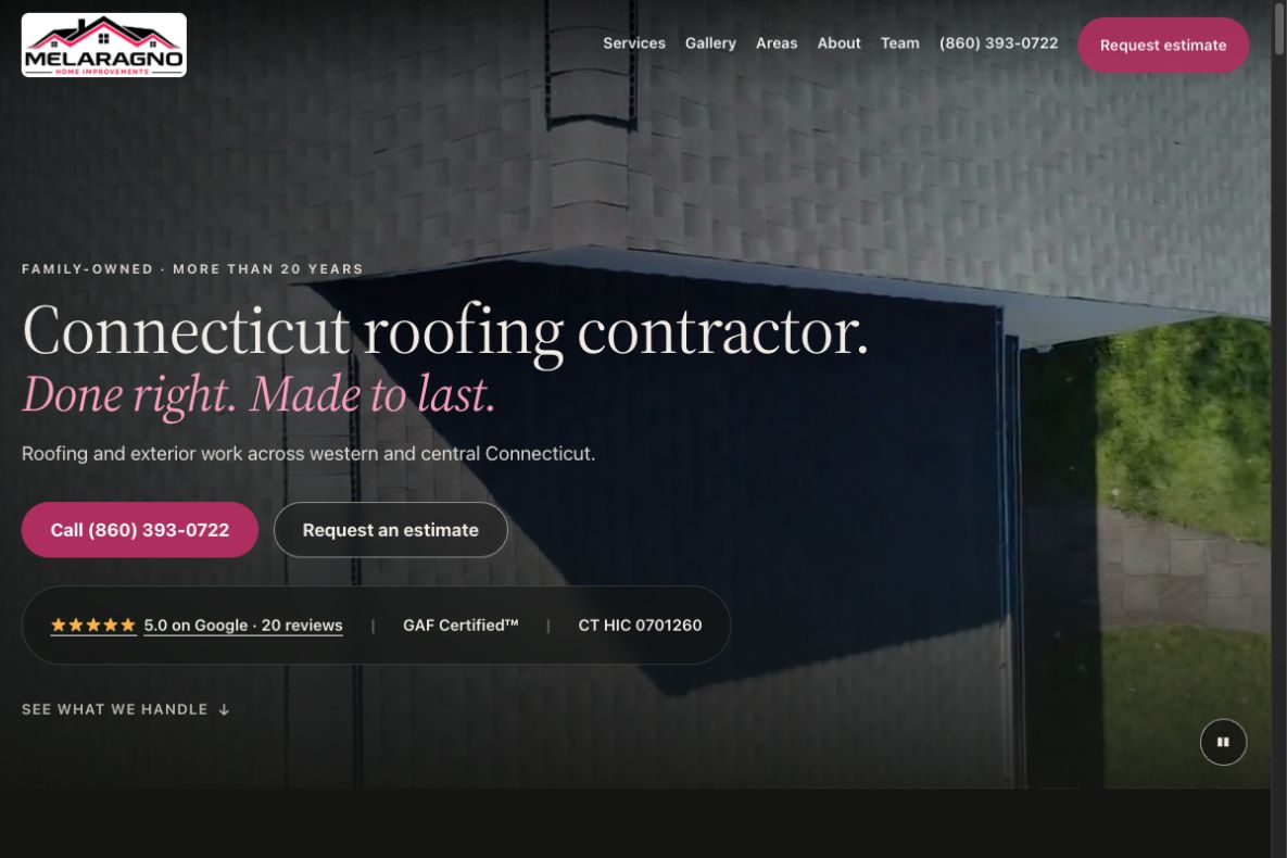 Current Melaragno Services homepage showing Connecticut roofing and exterior services