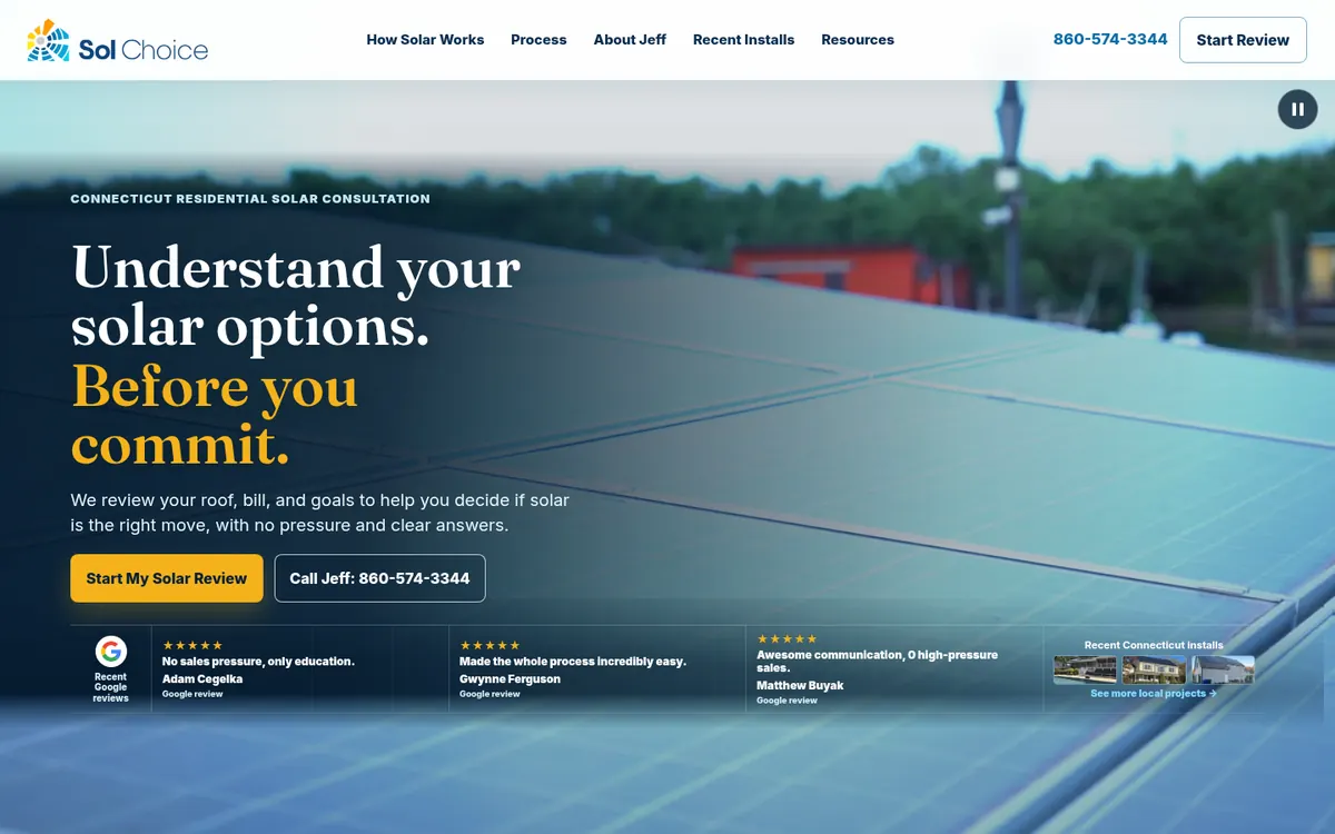 Current SolChoice homepage: “Understand your solar options. Before you commit.” hero for Connecticut homeowners