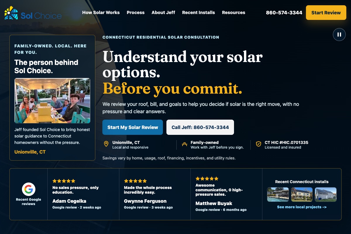 Screenshot of the current SolChoice solar consulting website homepage