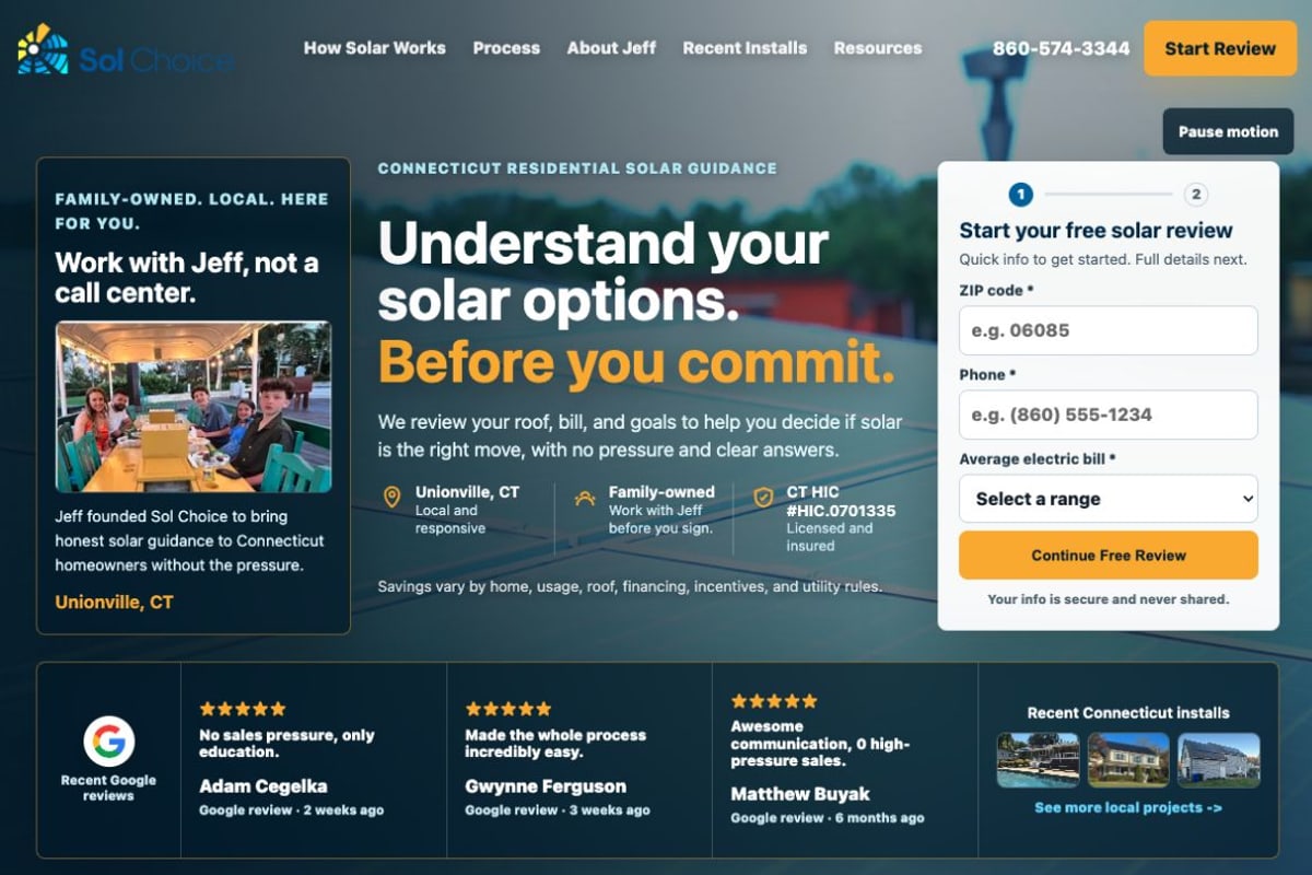 Screenshot of the current SolChoice solar consulting website homepage